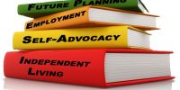 4 books stacked saying future planning, employment, self-advocacy and independent living.